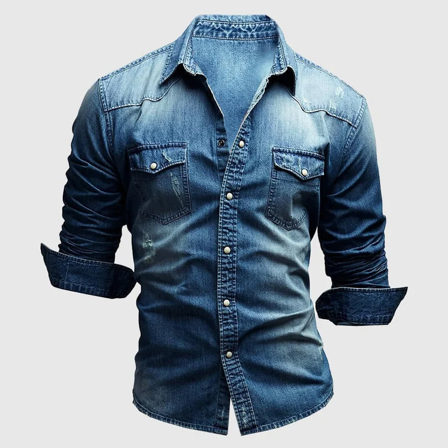 Men’s slim fit denim shirt with chest pockets and fold-down collar