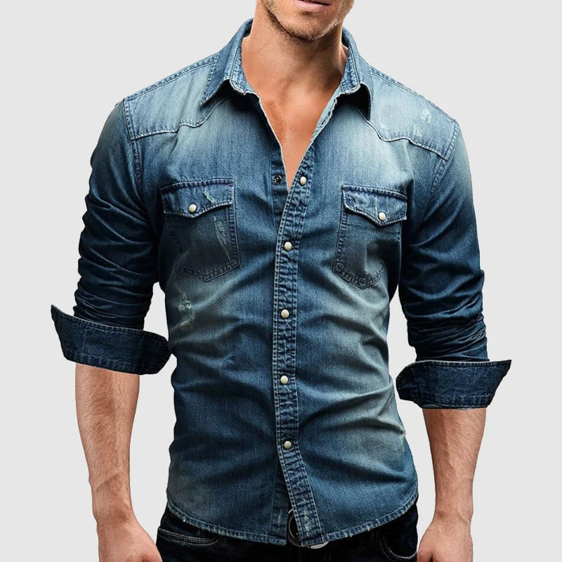 Men’s slim fit denim shirt with chest pockets and fold-down collar