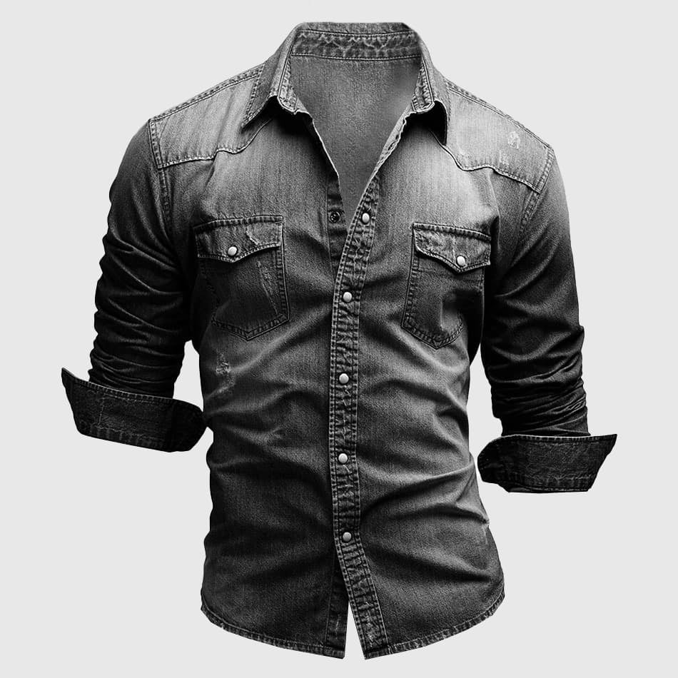 Men’s slim fit denim shirt with chest pockets and fold-down collar
