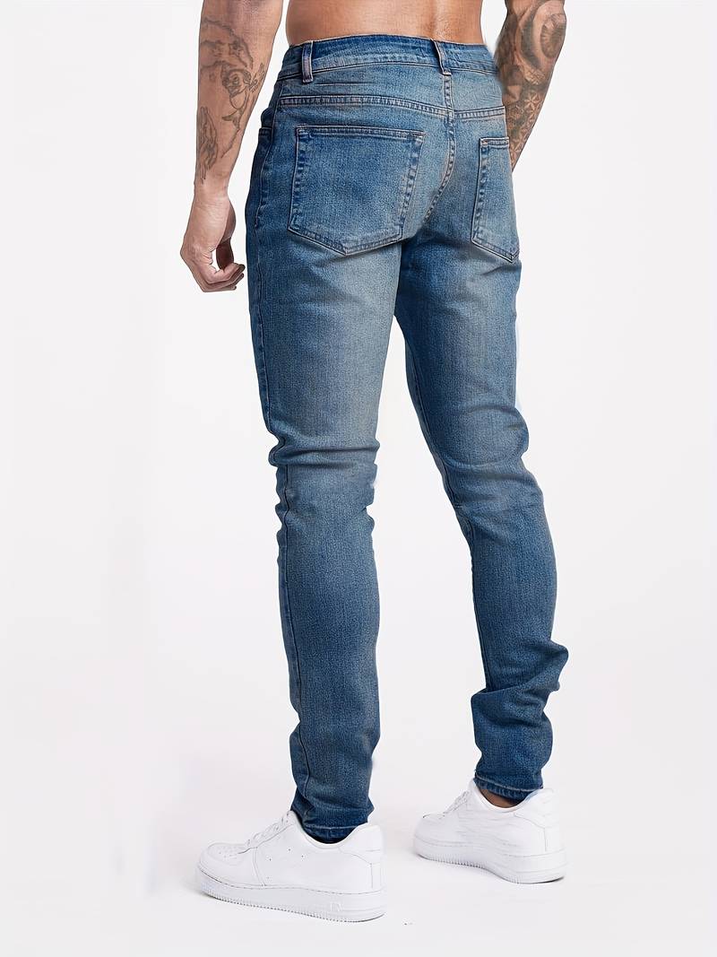 Men’s slim fit tapered denim jeans with mid rise waist and 5 pocket design for casual and smart casual wear