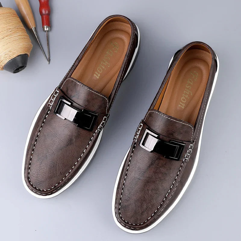 Men’s slip on loafers with metal bar detail moccasin stitching and chunky rubber sole for casual and smart casual wear