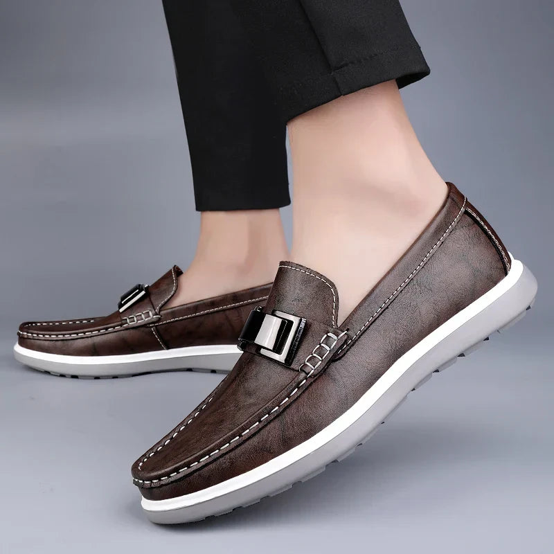 Men’s slip on loafers with metal bar detail moccasin stitching and chunky rubber sole for casual and smart casual wear