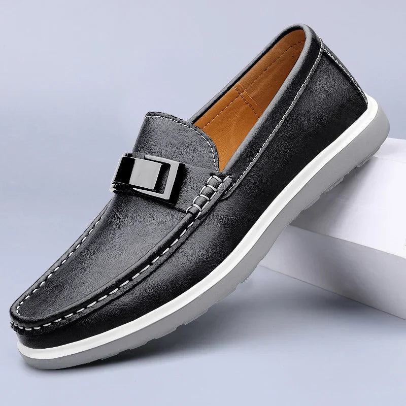 Men’s slip on loafers with metal bar detail moccasin stitching and chunky rubber sole for casual and smart casual wear