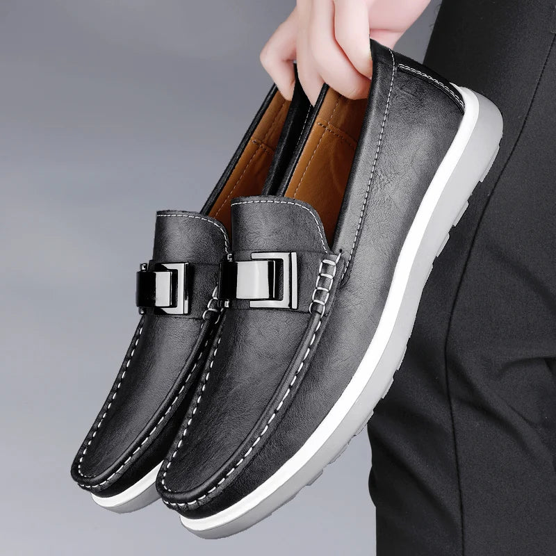 Men’s slip on loafers with metal bar detail moccasin stitching and chunky rubber sole for casual and smart casual wear