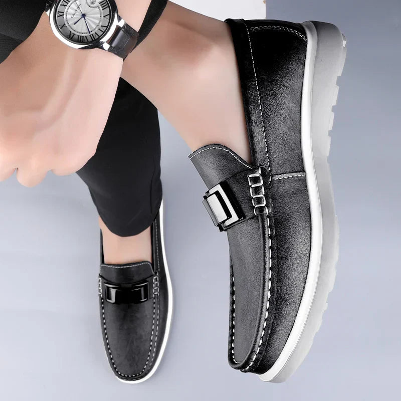 Men’s slip on loafers with metal bar detail moccasin stitching and chunky rubber sole for casual and smart casual wear