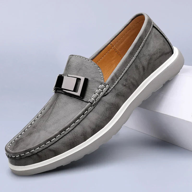 Men’s slip on loafers with metal bar detail moccasin stitching and chunky rubber sole for casual and smart casual wear