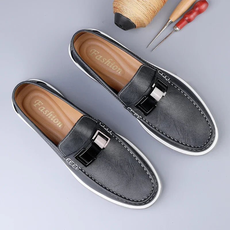 Men’s slip on loafers with metal bar detail moccasin stitching and chunky rubber sole for casual and smart casual wear