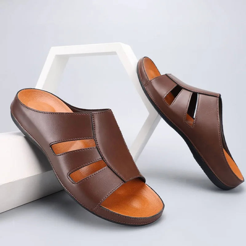 Men’s slip on open toe slides with structured cut out upper and flat rubber sole for casual summer wear