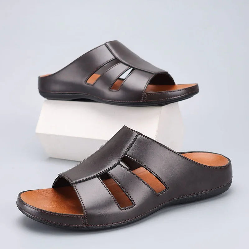 Men’s slip on open toe slides with structured cut out upper and flat rubber sole for casual summer wear