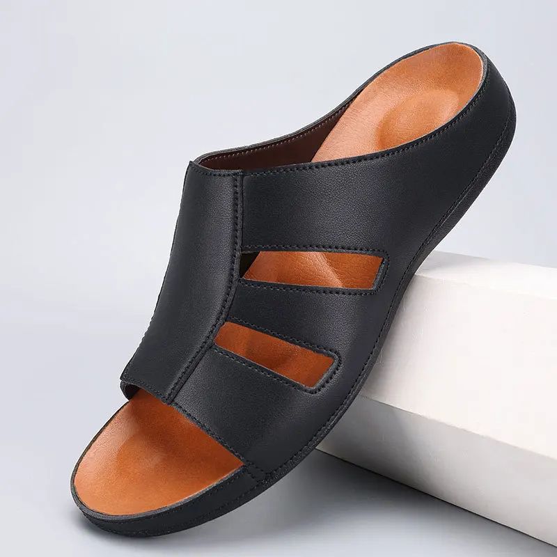 Men’s slip on open toe slides with structured cut out upper and flat rubber sole for casual summer wear