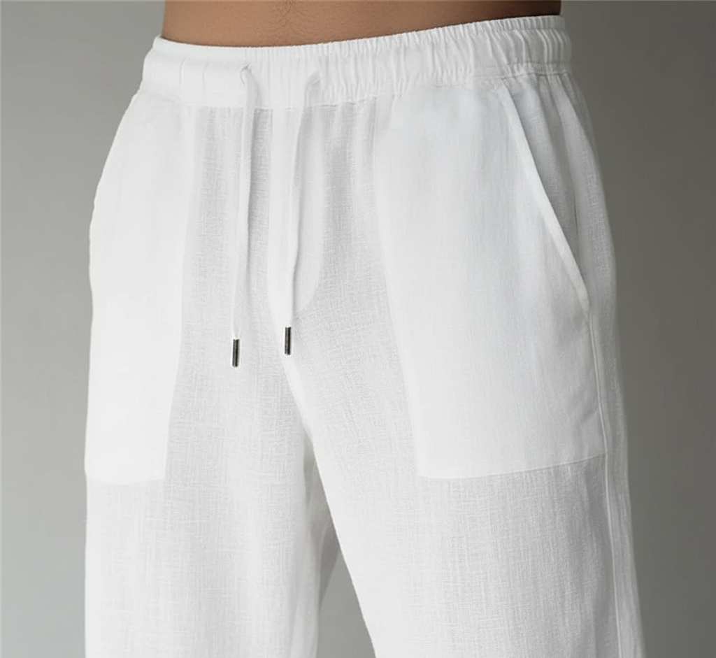 Men’s straight leg trousers with elastic waistband contrast drawstring and relaxed fit for casual and beach wear