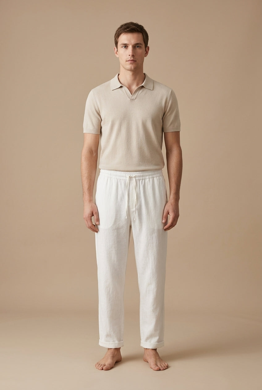 Men’s straight leg trousers with elastic waistband drawstring and relaxed fit for casual wear