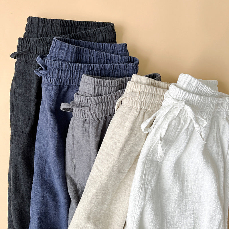 Men’s straight leg trousers with elastic waistband drawstring and relaxed fit for casual wear
