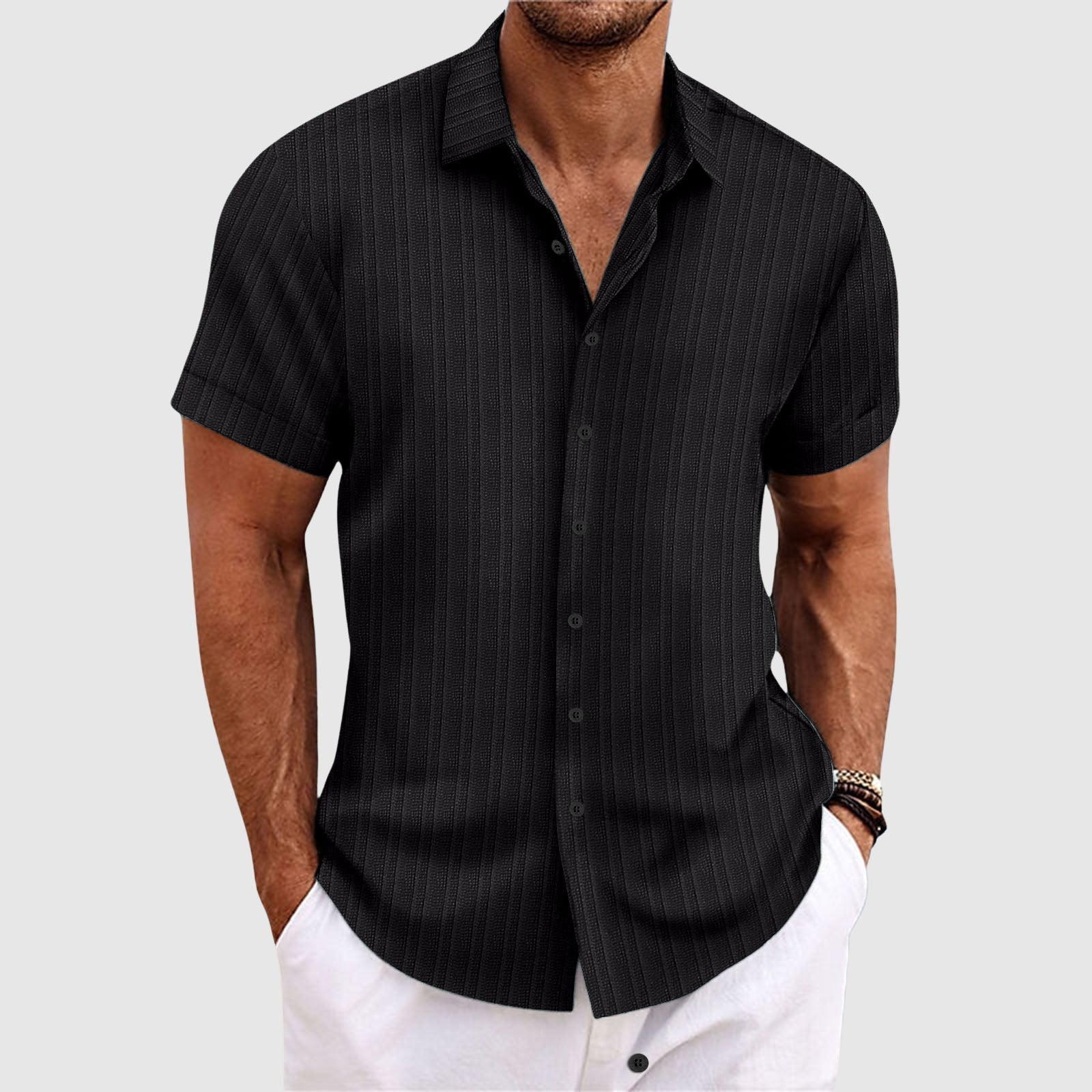 Men’s striped short sleeve button shirt with lapel collar
