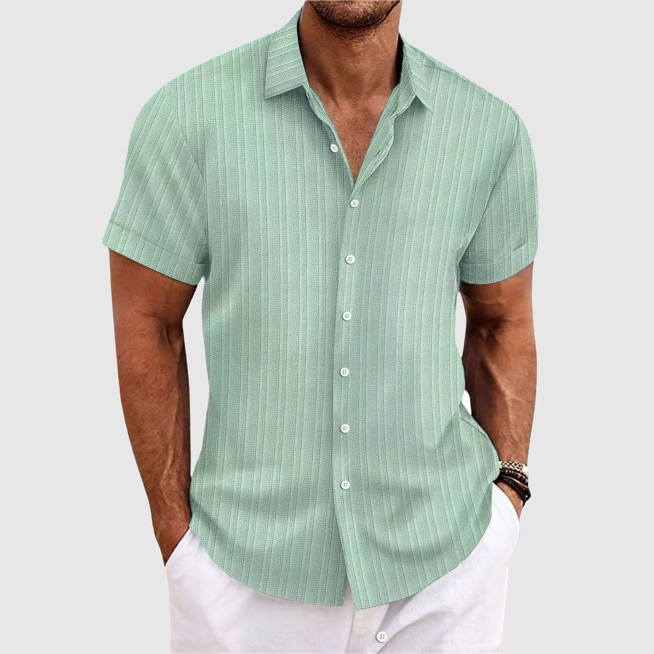 Men’s striped short sleeve button shirt with lapel collar
