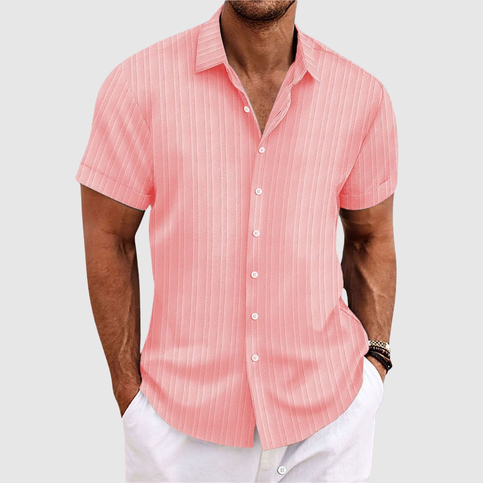 Men’s striped short sleeve button shirt with lapel collar