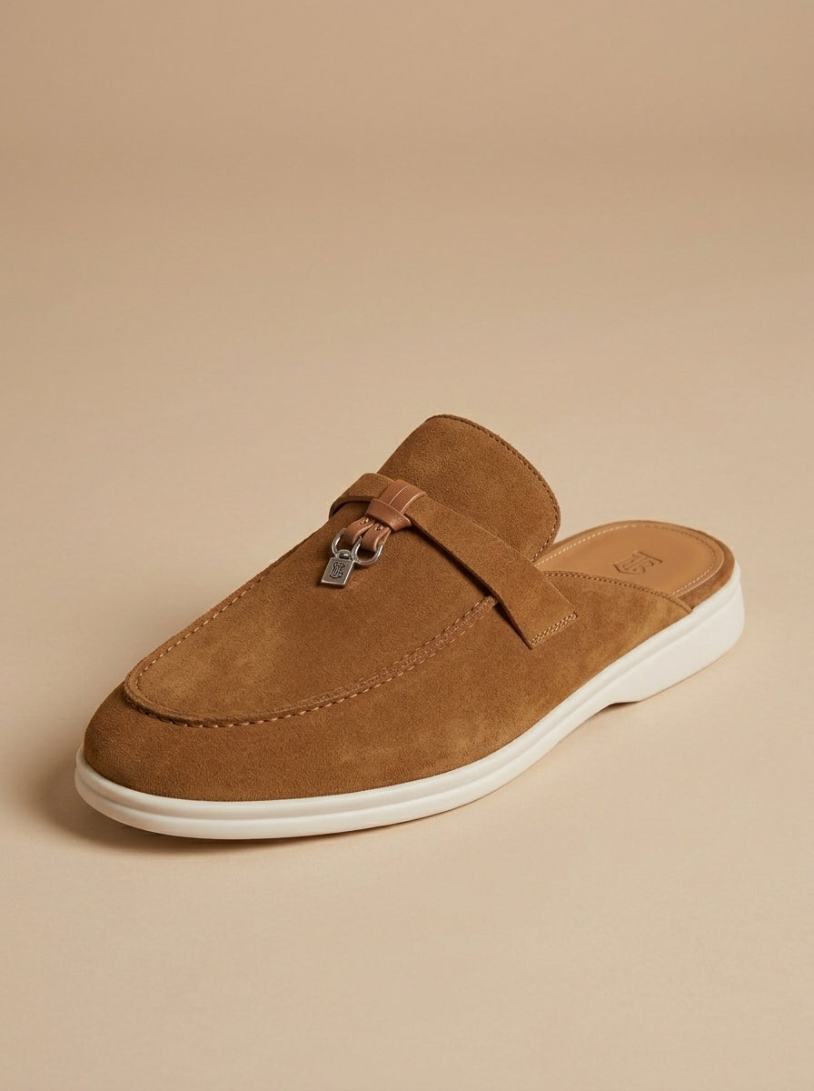 Men’s suede mule loafers open back slip on with metal bar detail and moccasin stitching for casual wear