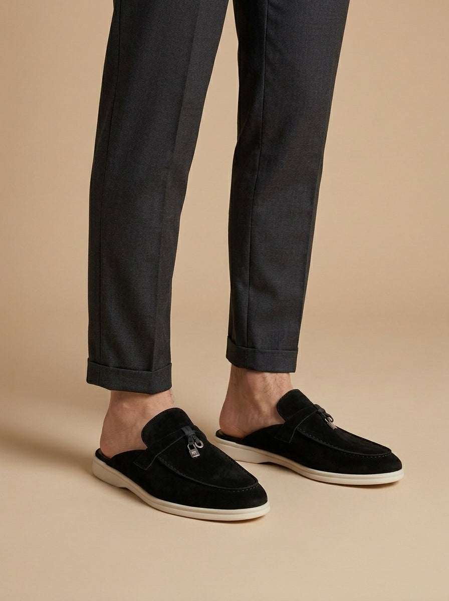 Men’s suede mule loafers open back slip on with metal bar detail and moccasin stitching for casual wear