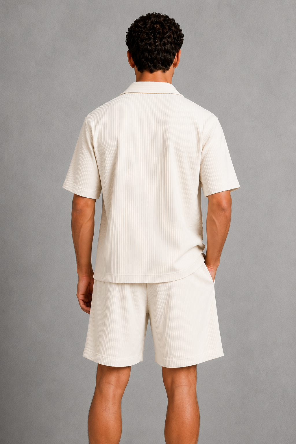 Men’s textured camp collar button-up shirt and drawstring shorts co-ord set with vertical ribbed finish