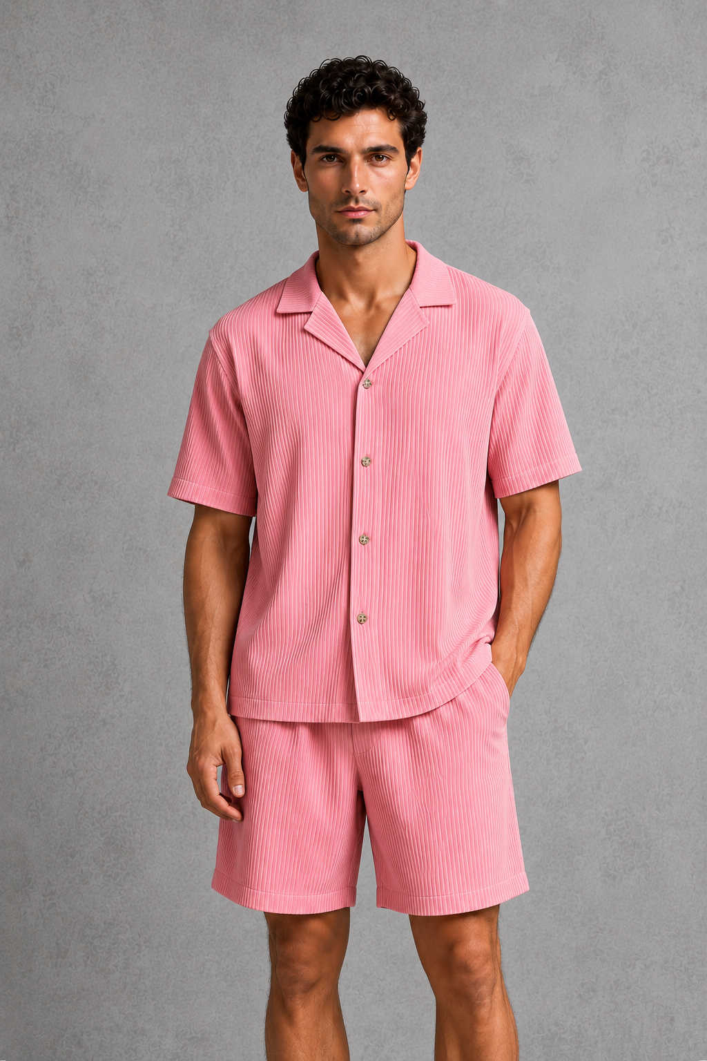 Men’s textured camp collar button-up shirt and drawstring shorts co-ord set with vertical ribbed finish