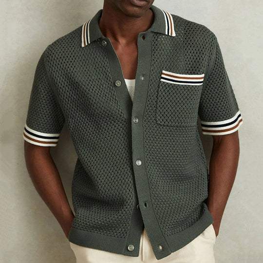 Men’s textured knit polo shirt with contrast stripe collar, chest pocket and button front for casual summer wear