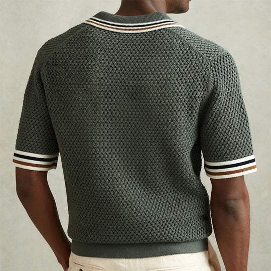 Men’s textured knit polo shirt with contrast stripe collar, chest pocket and button front for casual summer wear