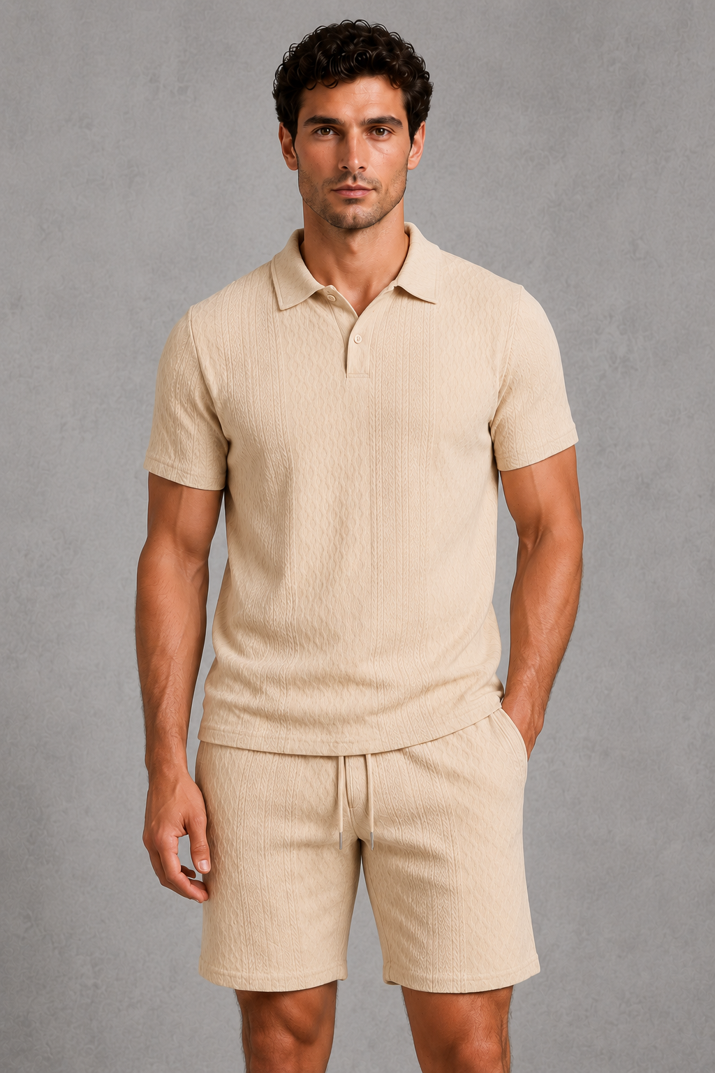 Men’s textured polo shirt and matching drawstring shorts co-ord set, designed for stylish and comfortable summer casual wear.