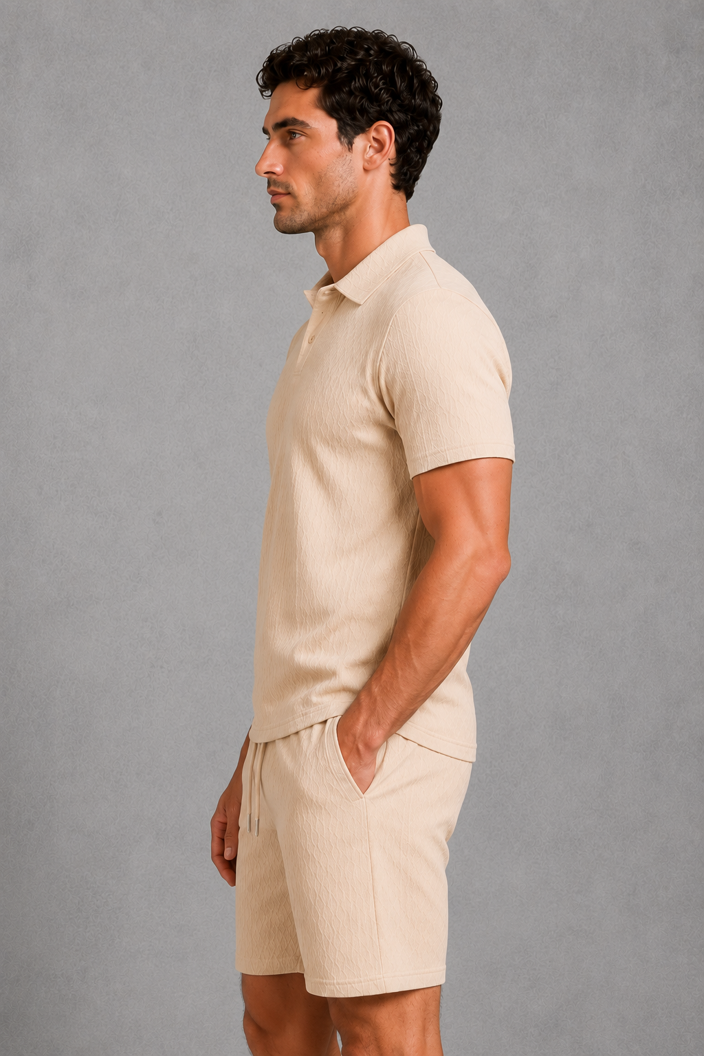 Men’s textured polo shirt and matching drawstring shorts co-ord set, designed for stylish and comfortable summer casual wear.
