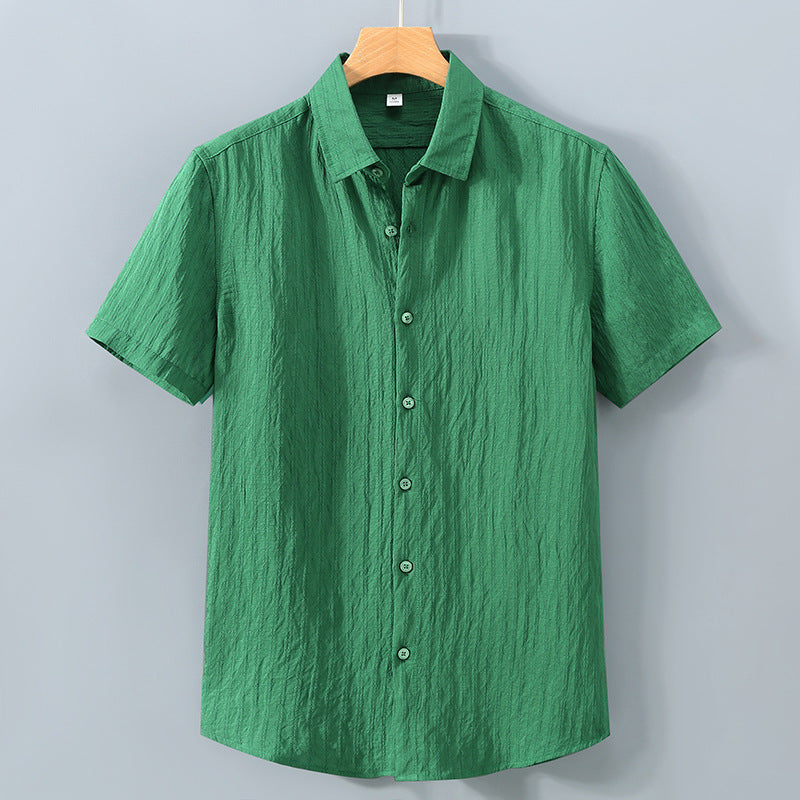 Men’s short sleeve textured stripe button shirt with point collar and curved hem for casual wear