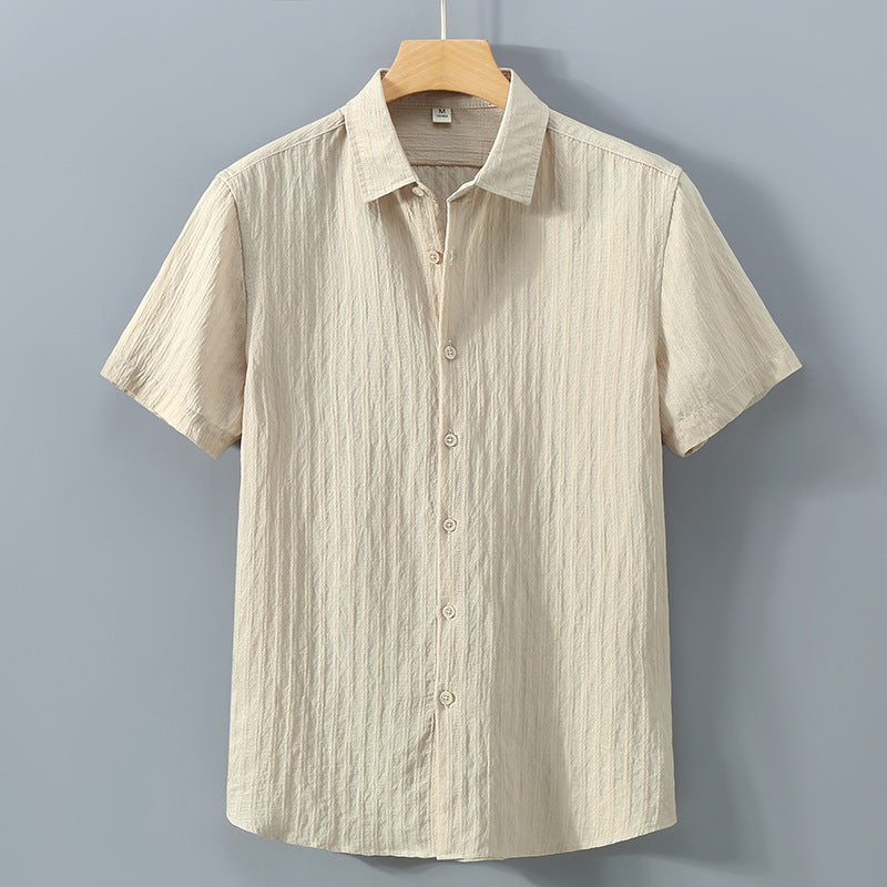 Men’s short sleeve textured stripe button shirt with point collar and curved hem for casual wear