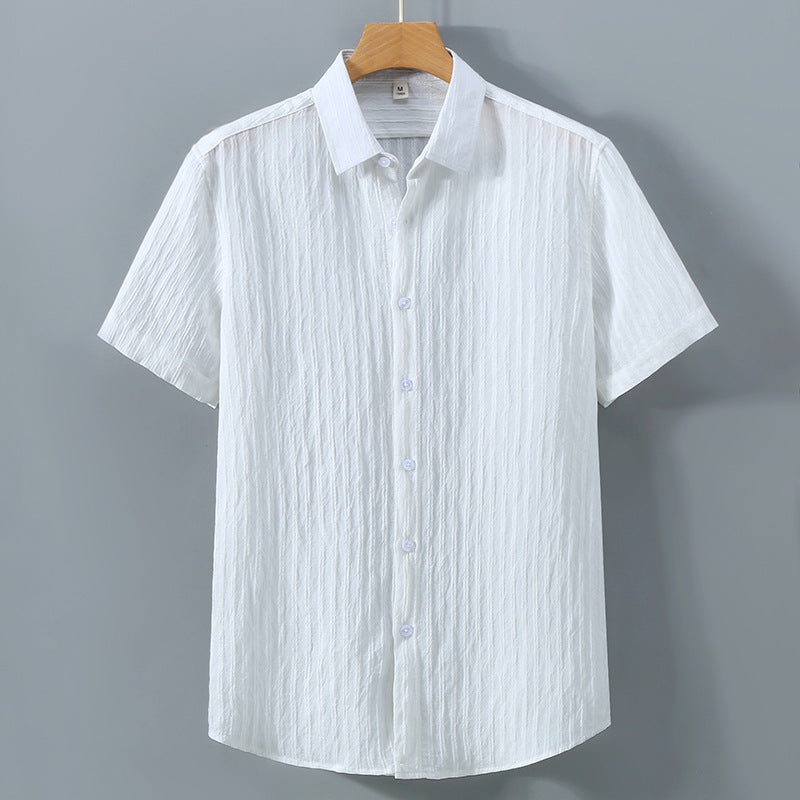 Men’s short sleeve textured stripe button shirt with point collar and curved hem for casual wear
