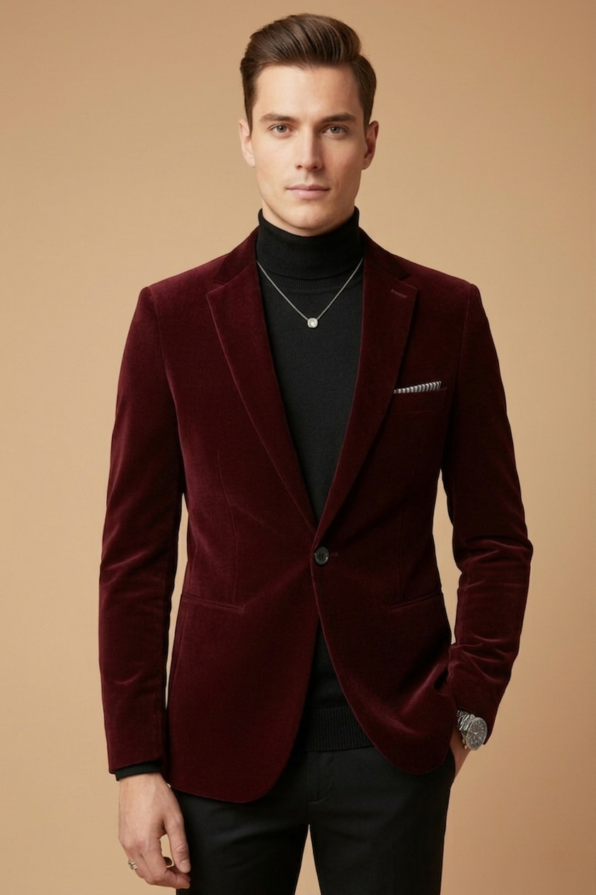Men’s Slim Tailored Velvet Blazer with Classic Lapels