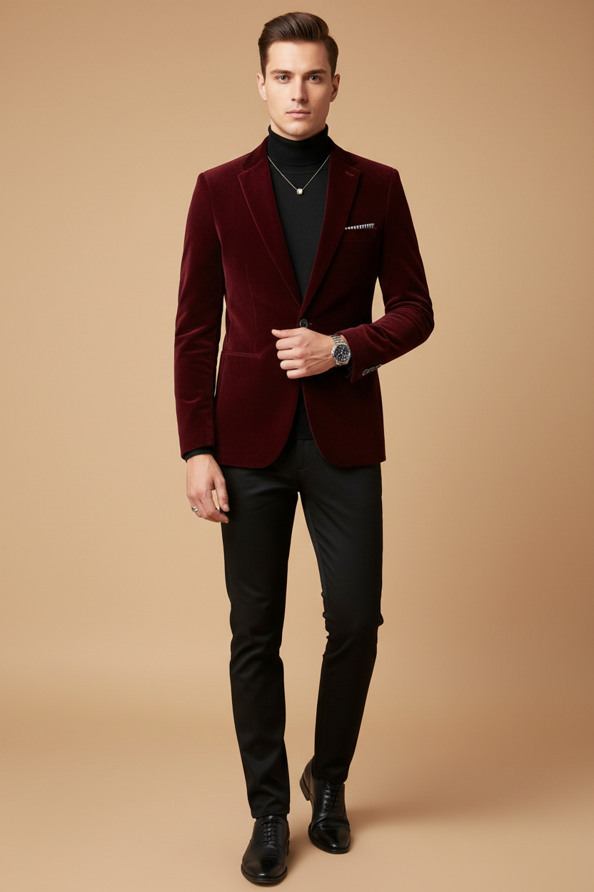 Men’s Slim Tailored Velvet Blazer with Classic Lapels