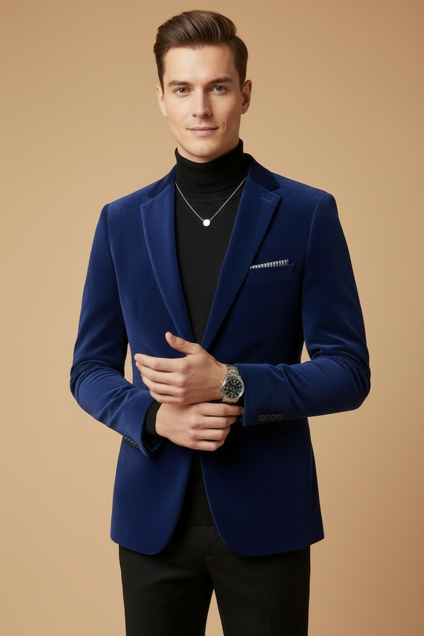 Men’s Slim Tailored Velvet Blazer with Classic Lapels