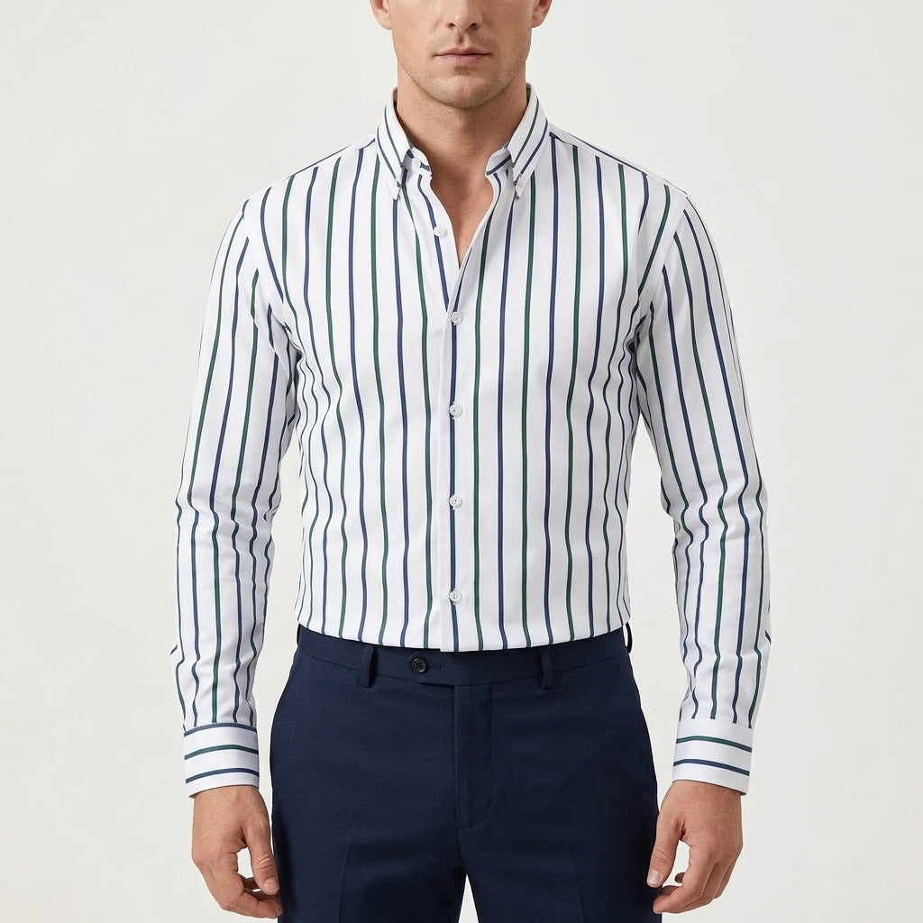 Men’s slim fit vertical stripe button down shirt in navy red and white for smart casual and business wear