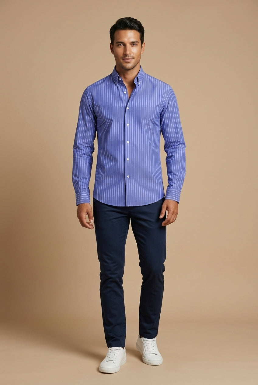 Men’s slim fit vertical stripe button down shirt in navy red and white for smart casual and business wear