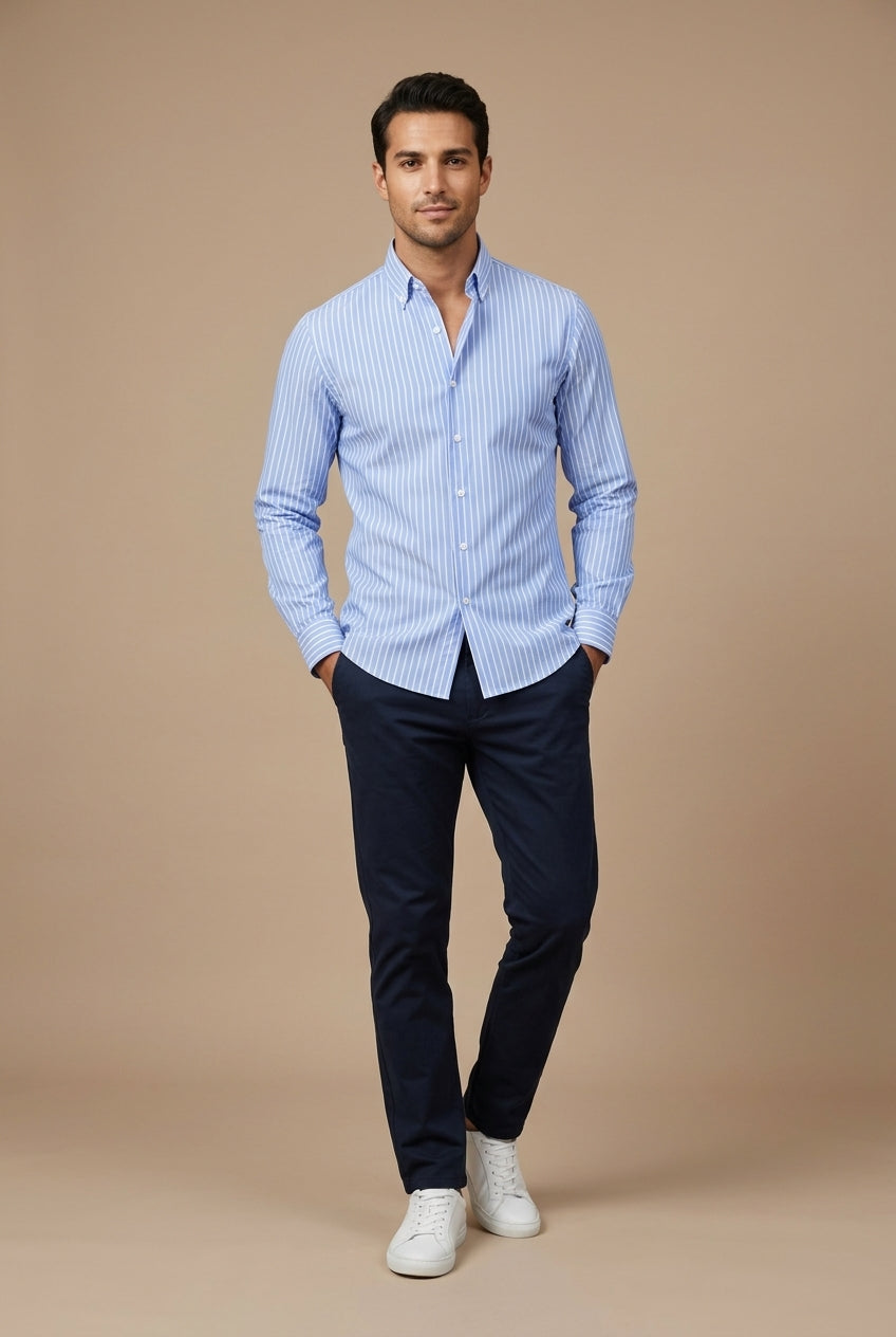 Men’s slim fit vertical stripe button down shirt in navy red and white for smart casual and business wear