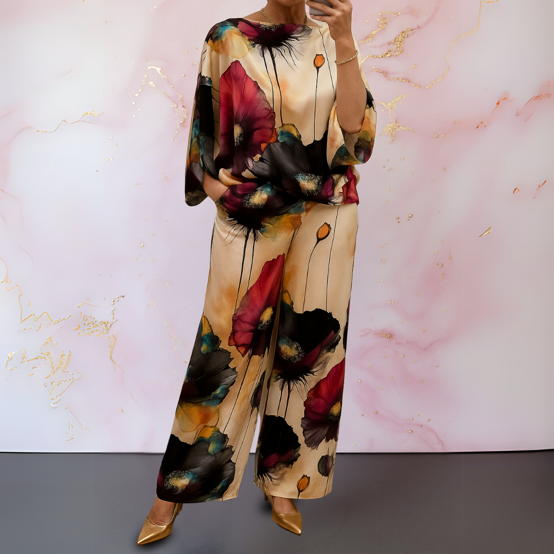 Women wearing a satin two-piece pants set with relaxed fit