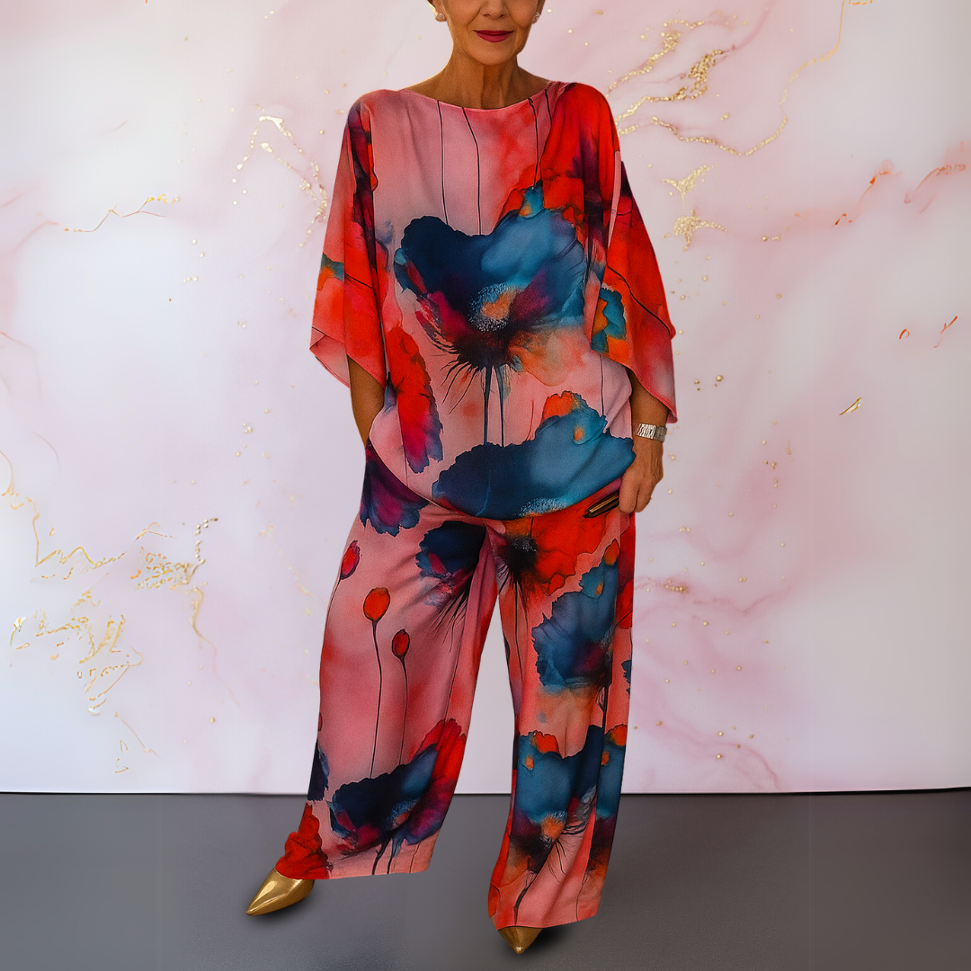 Women wearing a satin two-piece pants set with relaxed fit