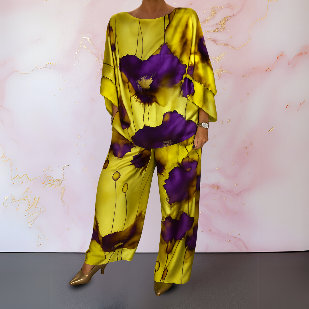 Women wearing a satin two-piece pants set with relaxed fit