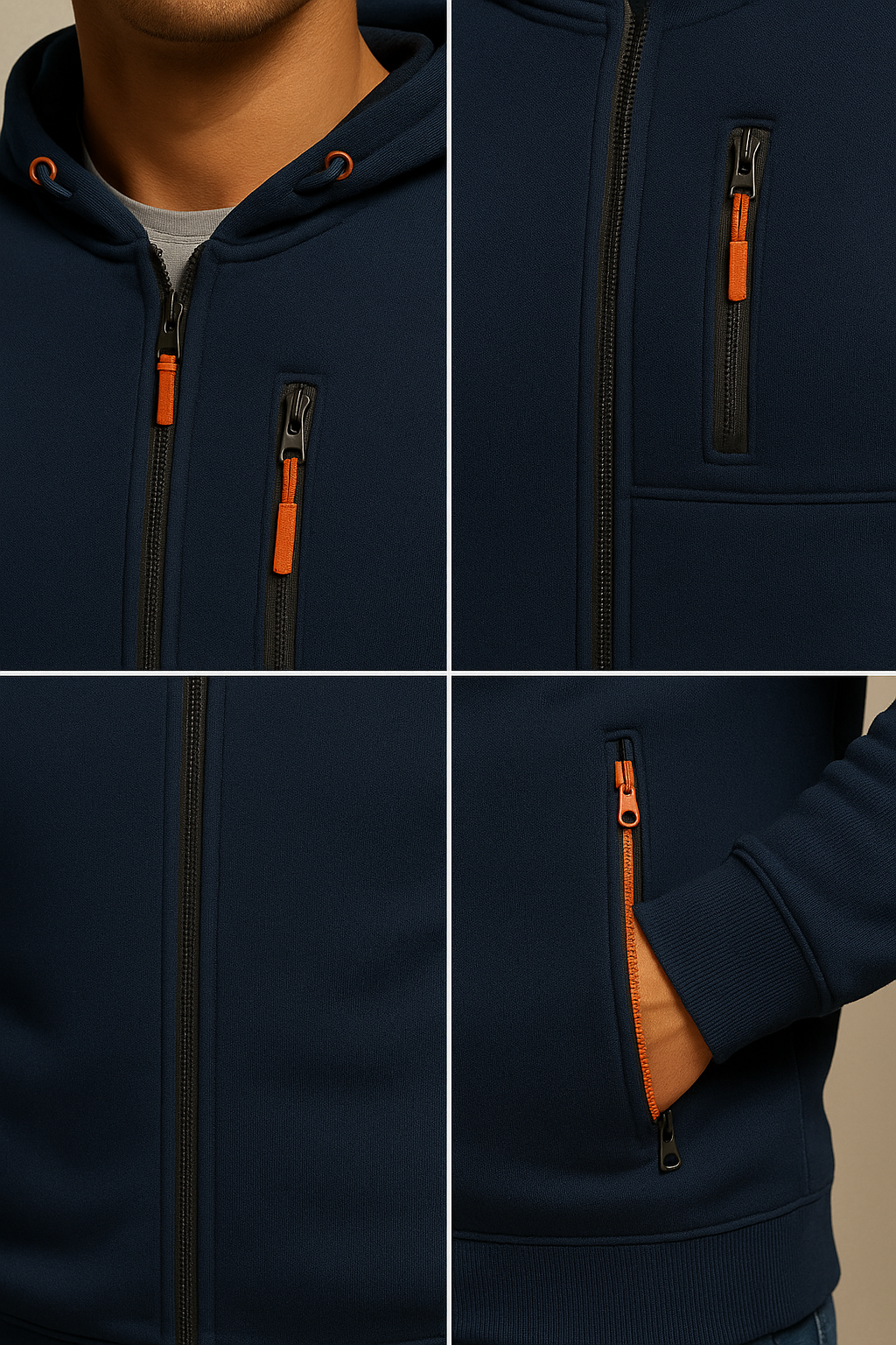 Navy blue hoodie with orange zippers on a neutral background