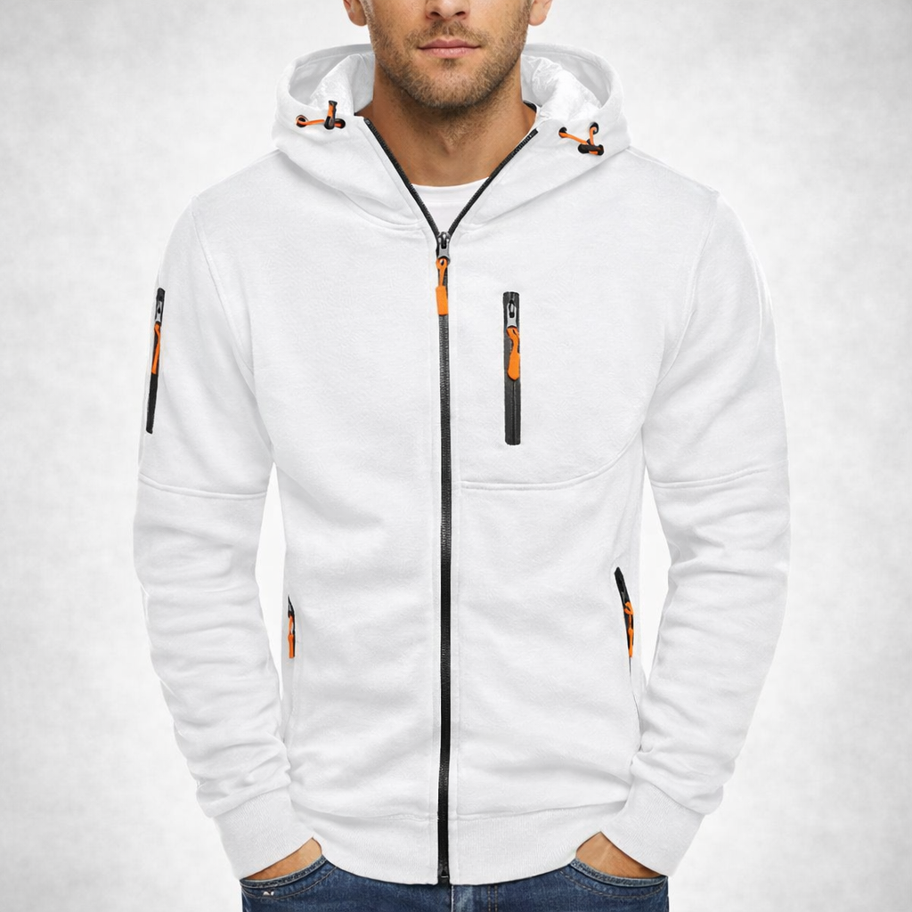 White hoodie with orange accents on a white background