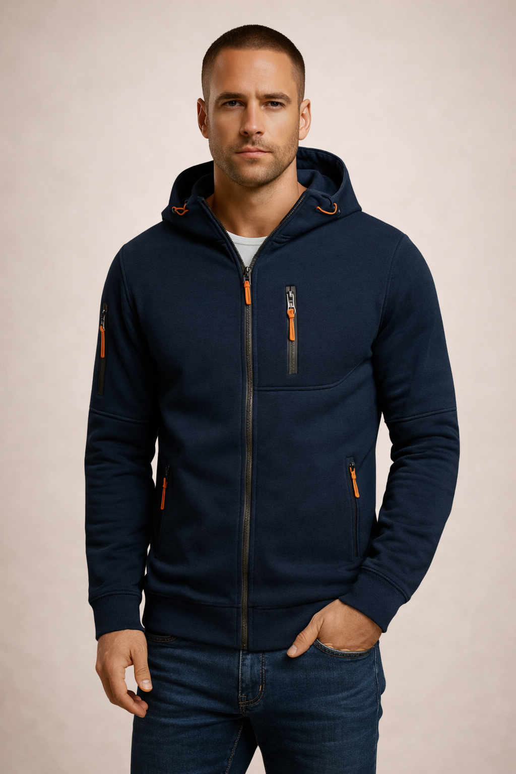 Man wearing a navy blue hoodie with orange accents on a beige background