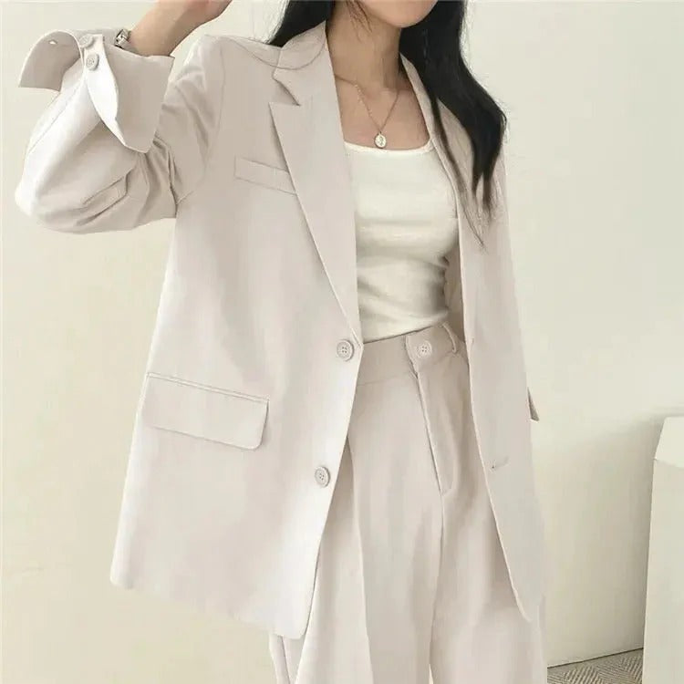 Women blazer and wide leg trouser suit set with high waist pants and structured fit for office workwear