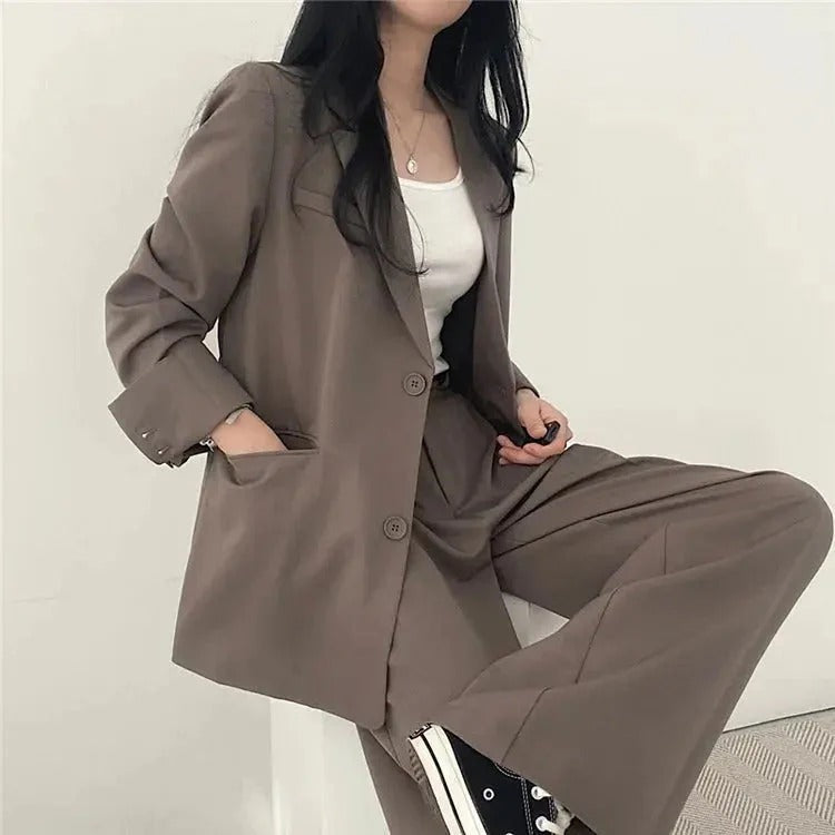 Women blazer and wide leg trouser suit set with high waist pants and structured fit for office workwear