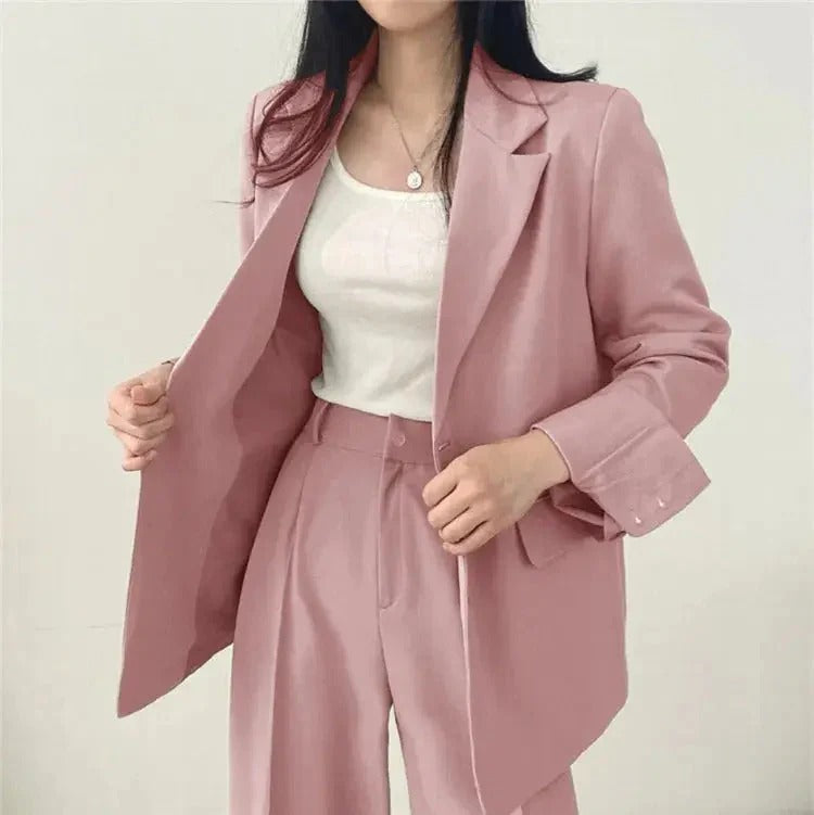 Women tailored blazer and wide leg pants suit set with high waist trousers for office and workwear