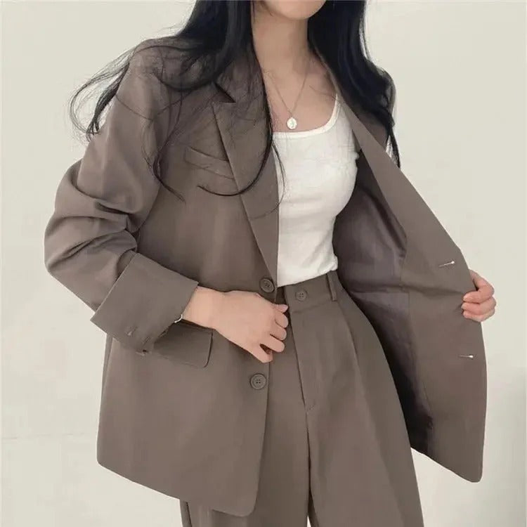 Women blazer and wide leg trouser suit set with high waist pants and structured fit for office workwear