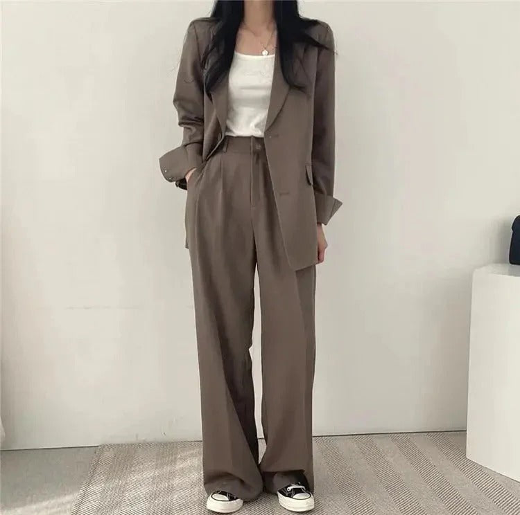 Women blazer and wide leg trouser suit set with high waist pants and structured fit for office workwear