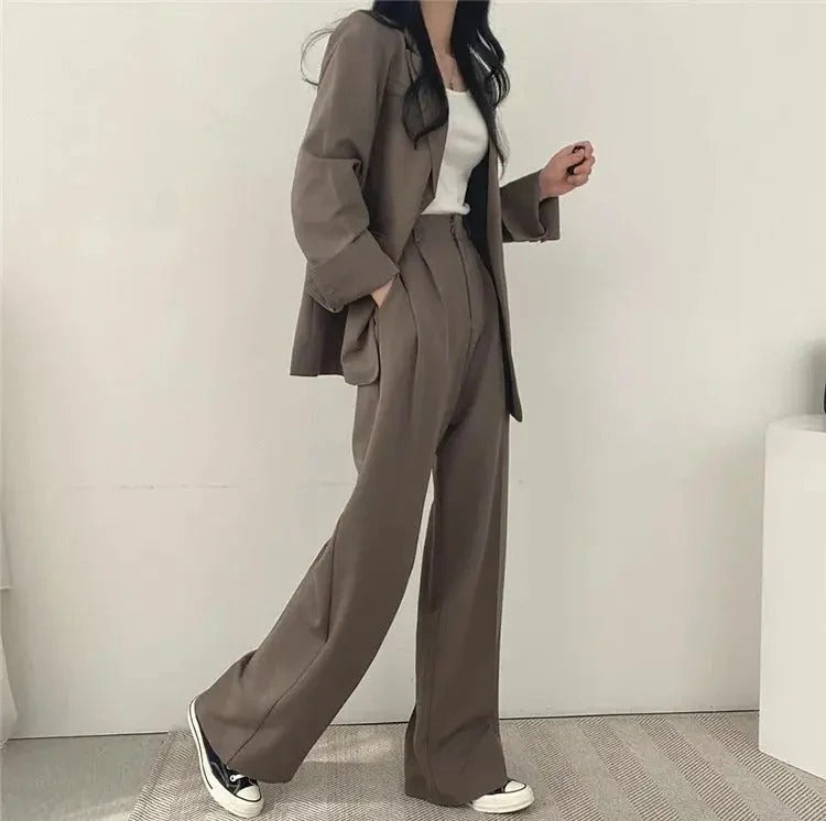 Women blazer and wide leg trouser suit set with high waist pants and structured fit for office workwear