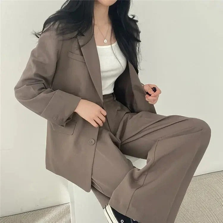 Women blazer and wide leg trouser suit set with high waist pants and structured fit for office workwear